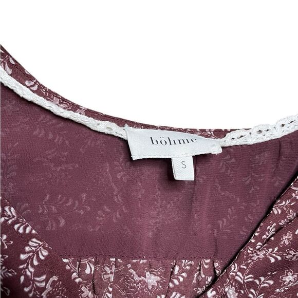 BOHME Floral Ruched Front Blouse Maroon Cream Size Small - Picture 6 of 6